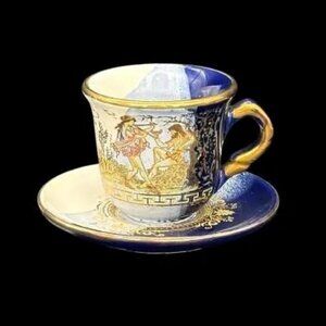 Vintage SK Hand Made Greece 24K Gold Leaf Blue Grecian Teacup and Saucer